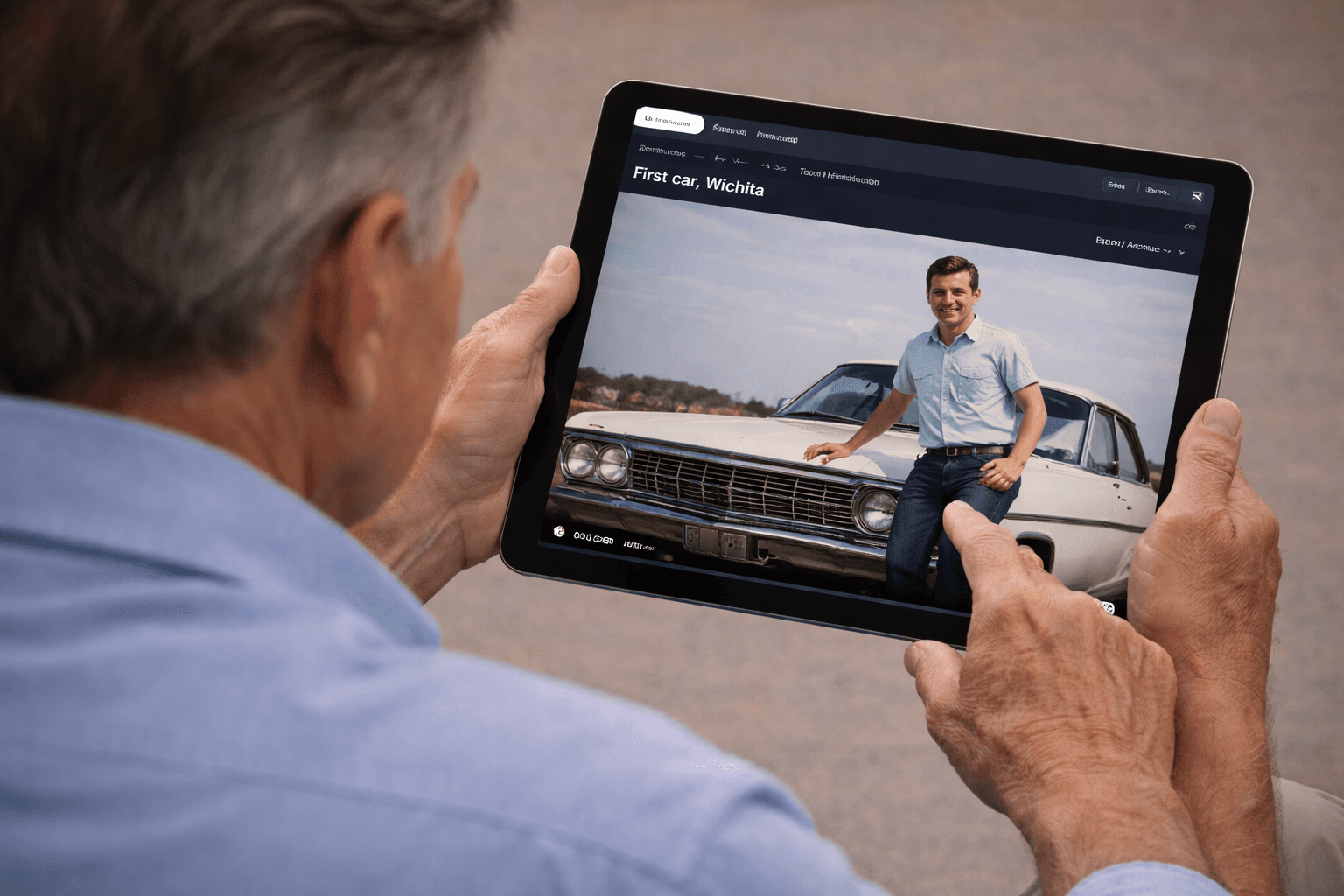 Family member viewing a personalized memory — 'First car, Wichita' — on a tablet